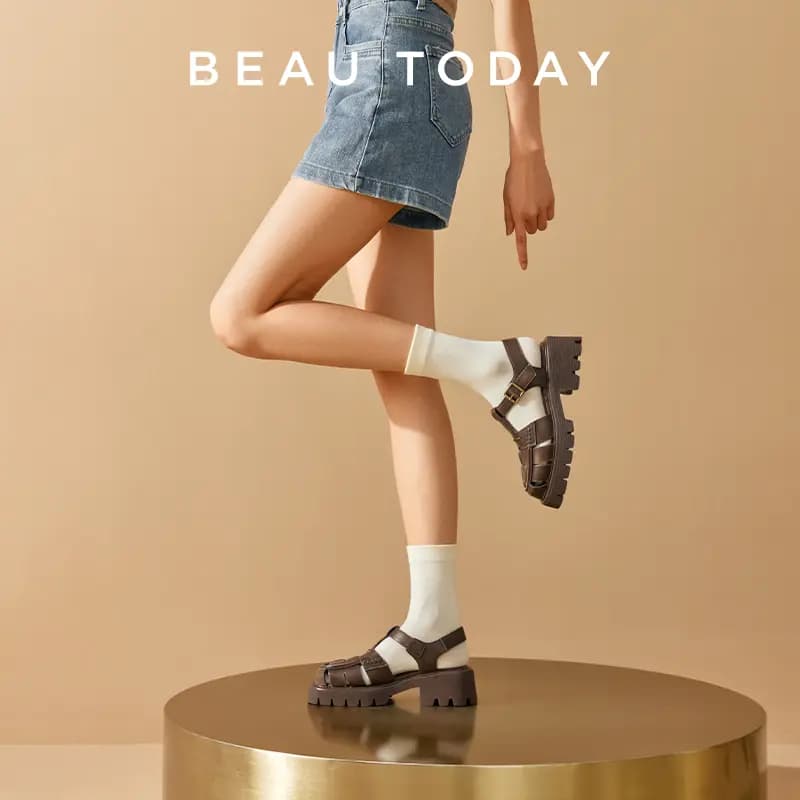 Beau Today Calf Leather Comfortable Breathable Lightweight Fashion Wear-Resistant Height-Increasing Roman Sandals Women's 18