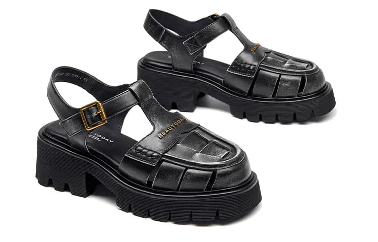 Beau Today Calf Leather Comfortable Breathable Lightweight Fashion Wear-Resistant Height-Increasing Roman Sandals Women's 3