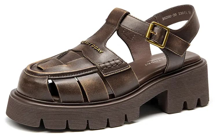 Beau Today Calf Leather Comfortable Breathable Lightweight Fashion Wear-Resistant Height-Increasing Roman Sandals Women's 11