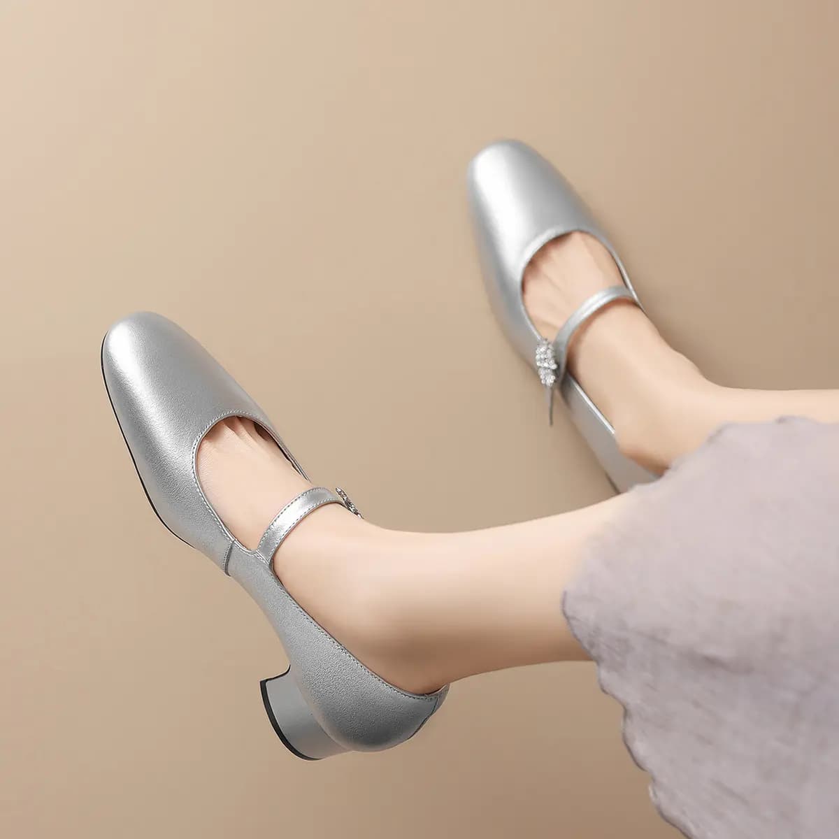 ZHR Top Grain Cowhide Leather, Mirror-Finish Simple, Rhinestone Buckle Elegant, Camellia Print, Fashion Commute, Chunky Heel Mary Jane Shoes 4.5cm Women's 12