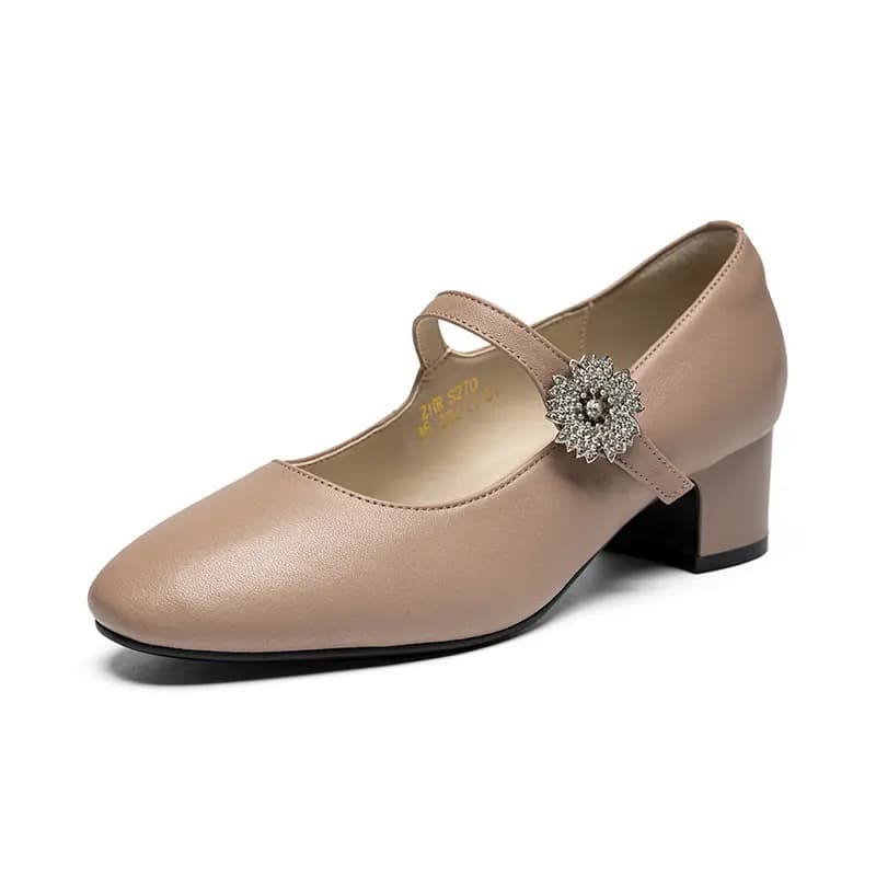 ZHR Top Grain Cowhide Leather, Mirror-Finish Simple, Rhinestone Buckle Elegant, Camellia Print, Fashion Commute, Chunky Heel Mary Jane Shoes 4.5cm Women's 17