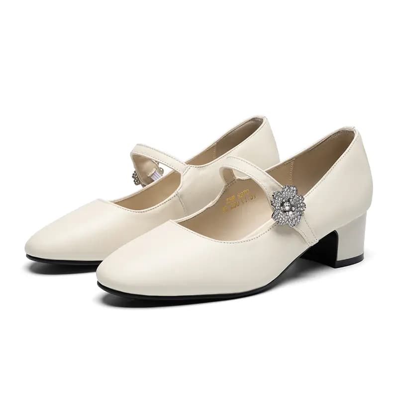 ZHR Top Grain Cowhide Leather, Mirror-Finish Simple, Rhinestone Buckle Elegant, Camellia Print, Fashion Commute, Chunky Heel Mary Jane Shoes 4.5cm Women's 3