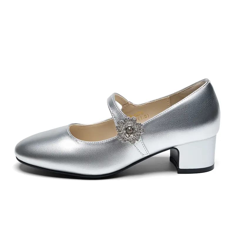 ZHR Top Grain Cowhide Leather, Mirror-Finish Simple, Rhinestone Buckle Elegant, Camellia Print, Fashion Commute, Chunky Heel Mary Jane Shoes 4.5cm Women's 9