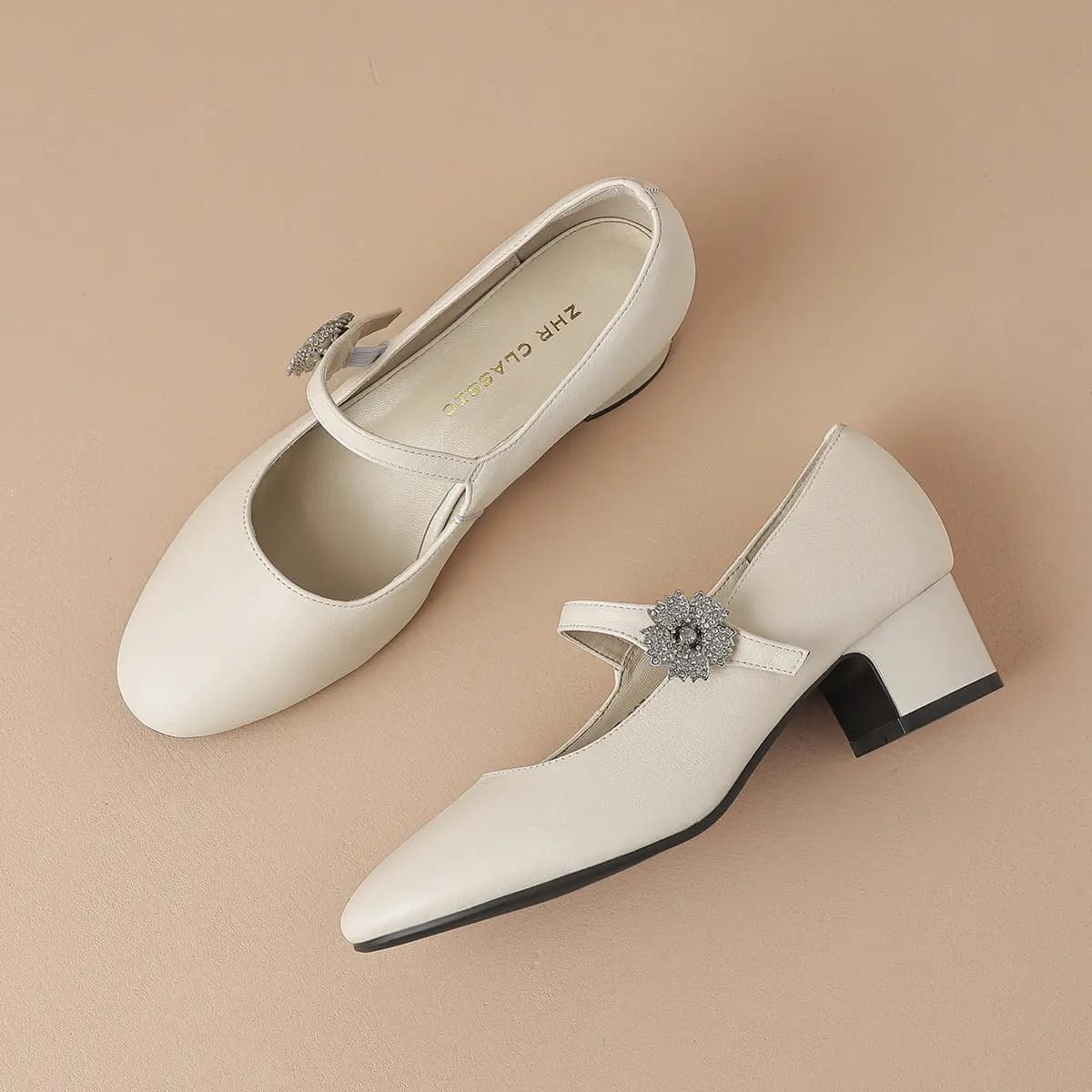 ZHR Top Grain Cowhide Leather, Mirror-Finish Simple, Rhinestone Buckle Elegant, Camellia Print, Fashion Commute, Chunky Heel Mary Jane Shoes 4.5cm Women's 8