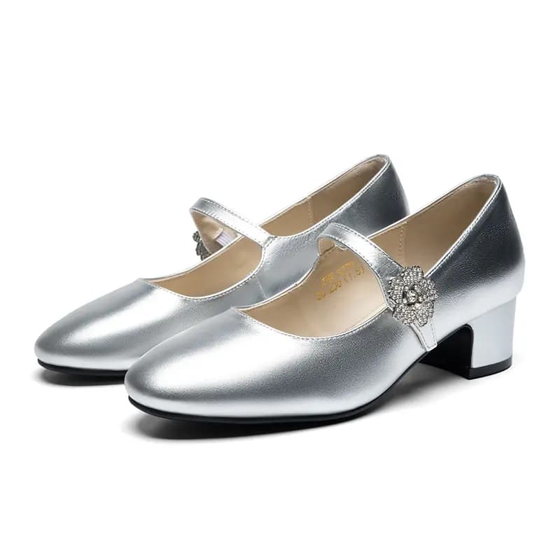 ZHR Top Grain Cowhide Leather, Mirror-Finish Simple, Rhinestone Buckle Elegant, Camellia Print, Fashion Commute, Chunky Heel Mary Jane Shoes 4.5cm Women's 11