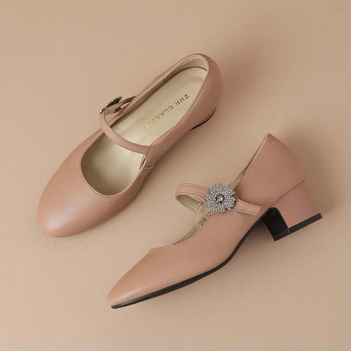 ZHR Top Grain Cowhide Leather, Mirror-Finish Simple, Rhinestone Buckle Elegant, Camellia Print, Fashion Commute, Chunky Heel Mary Jane Shoes 4.5cm Women's 22
