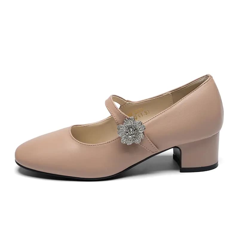 ZHR Top Grain Cowhide Leather, Mirror-Finish Simple, Rhinestone Buckle Elegant, Camellia Print, Fashion Commute, Chunky Heel Mary Jane Shoes 4.5cm Women's 16