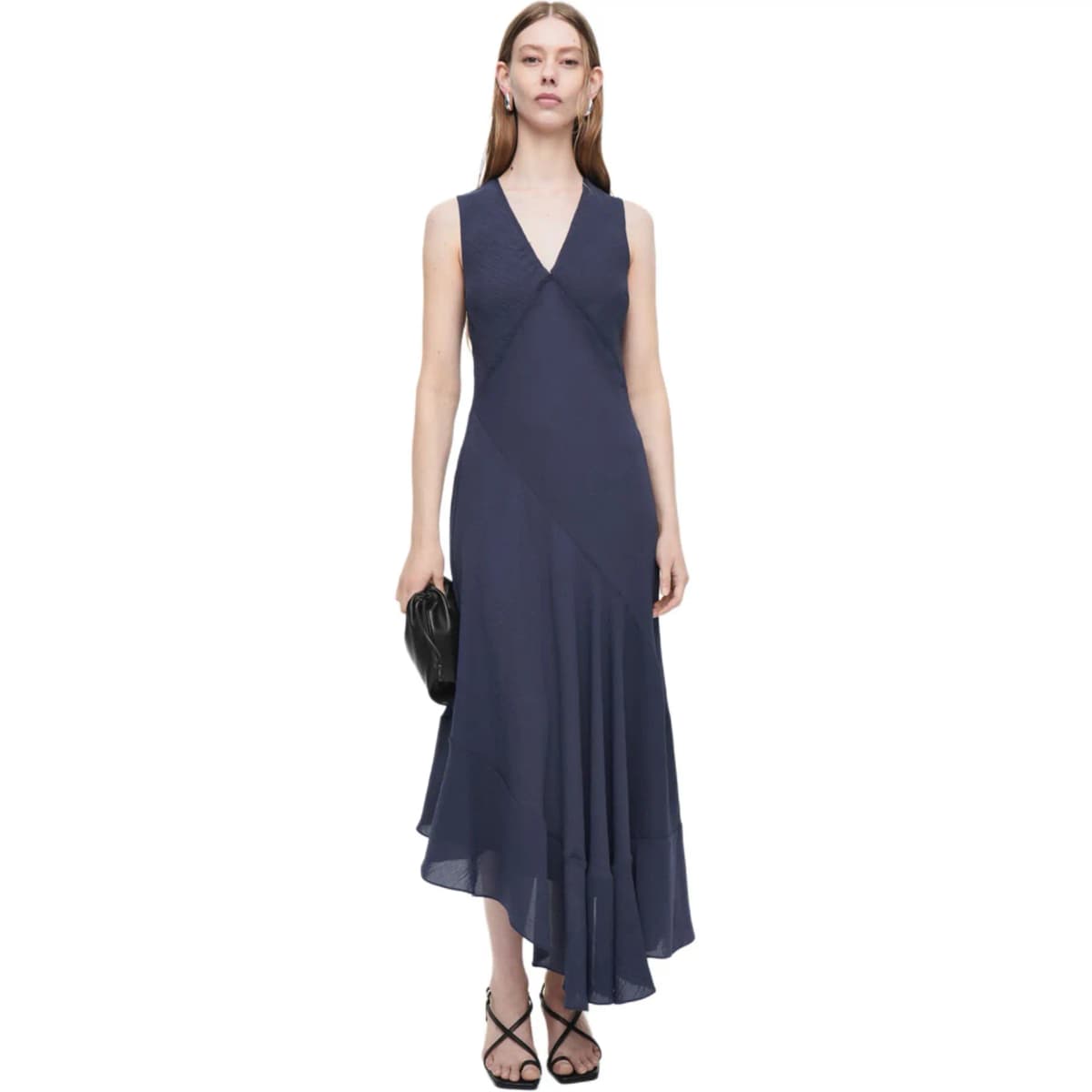 COS Solid Color V-Neck Asymmetric Sleeveless Dress Women's Blue 2
