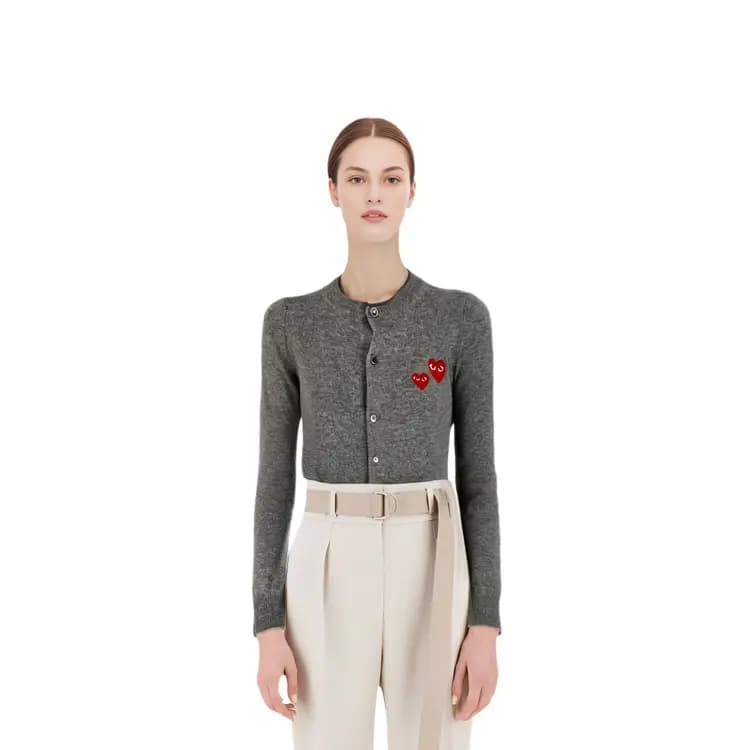 CDG Play Long Sleeve Double Heart Qadın Kardiqanı Boz 3