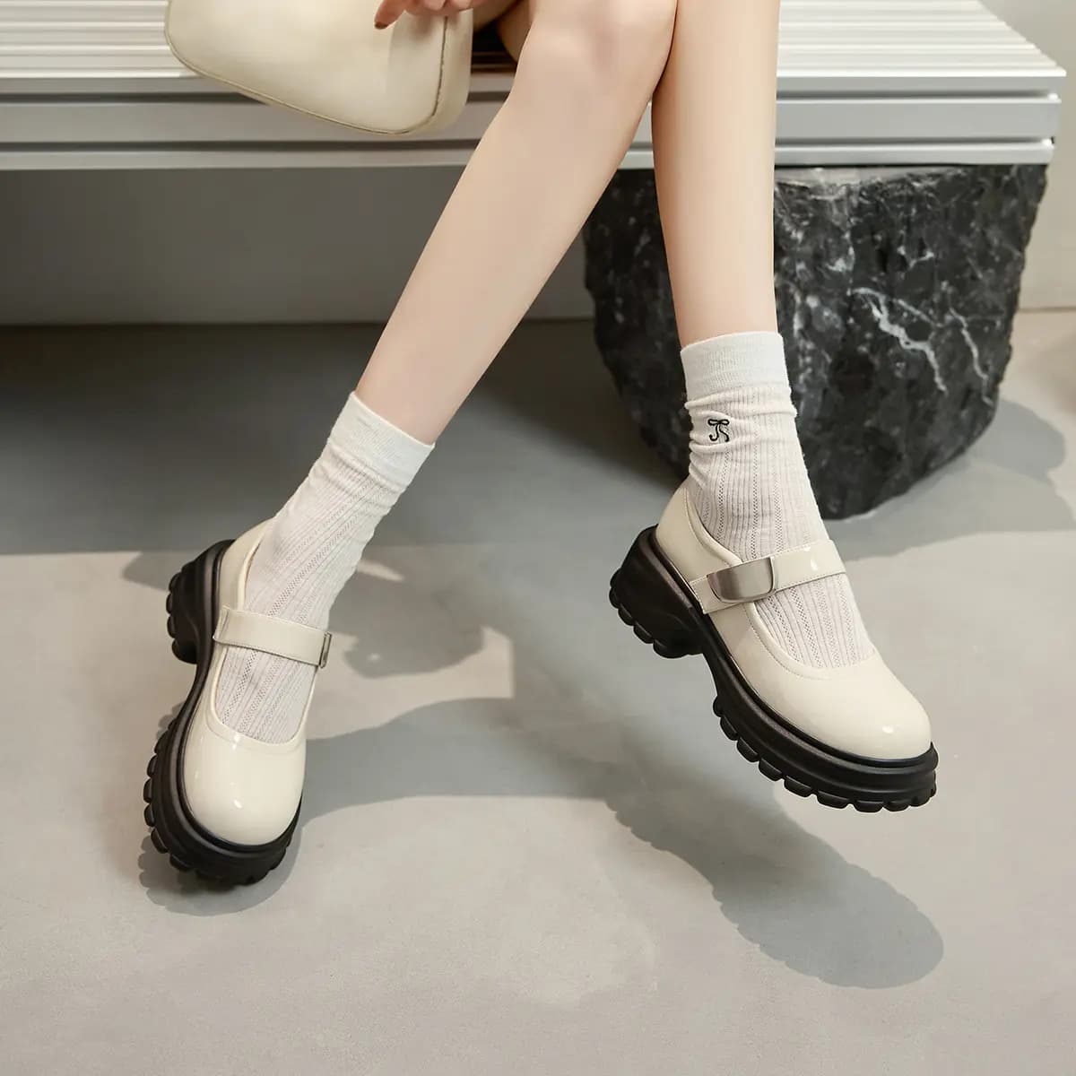 GEMEIQ Synthetic Leather Sweet Round Toe Velcro Chunky Heel Mary Jane Shoes Women's 16