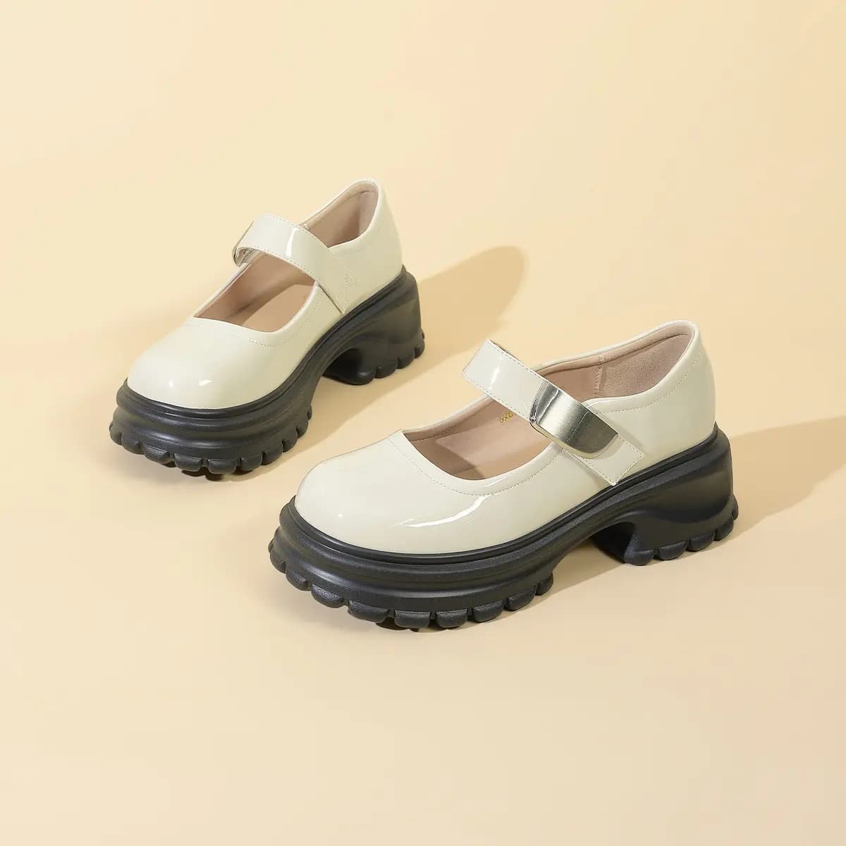 GEMEIQ Synthetic Leather Sweet Round Toe Velcro Chunky Heel Mary Jane Shoes Women's 13