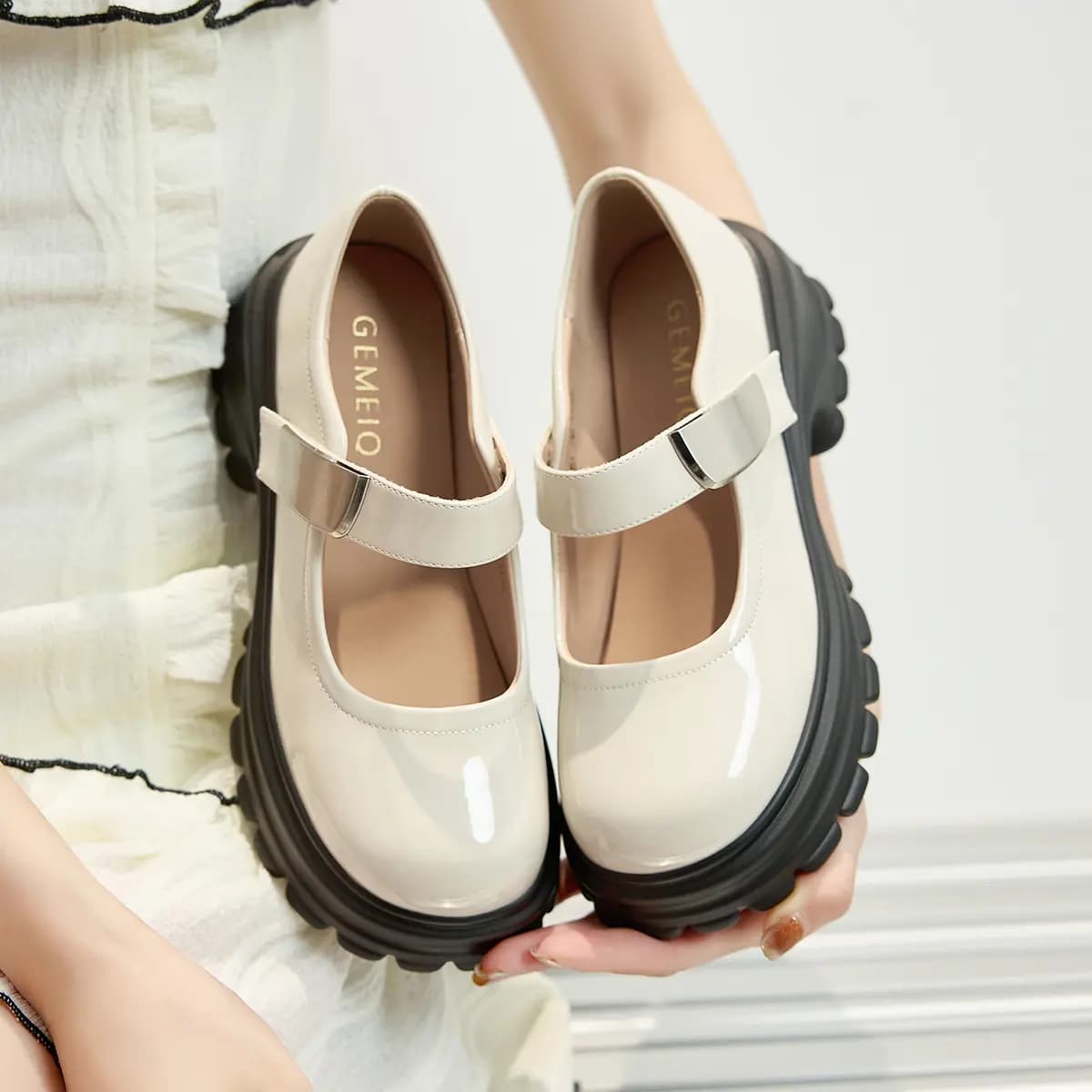 GEMEIQ Synthetic Leather Sweet Round Toe Velcro Chunky Heel Mary Jane Shoes Women's 14