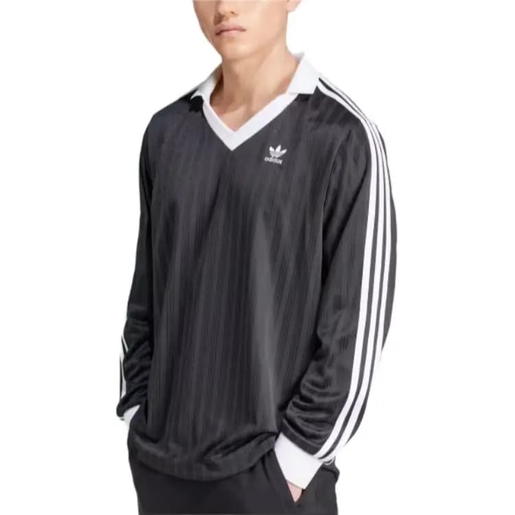 adidas Originals ADICOLOR PIQUÉ FOOTBALL LONG SLEEVE LONG-SLEEVE TOP Retro Striped Design Comfortable Long-Sleeve Football Jersey Men's Black 4