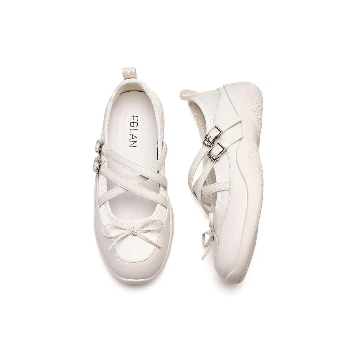 EBLAN Fabric Bowknot Comfortable Versatile Simple Thick Sole Mary Jane Shoes Women's Beige 4