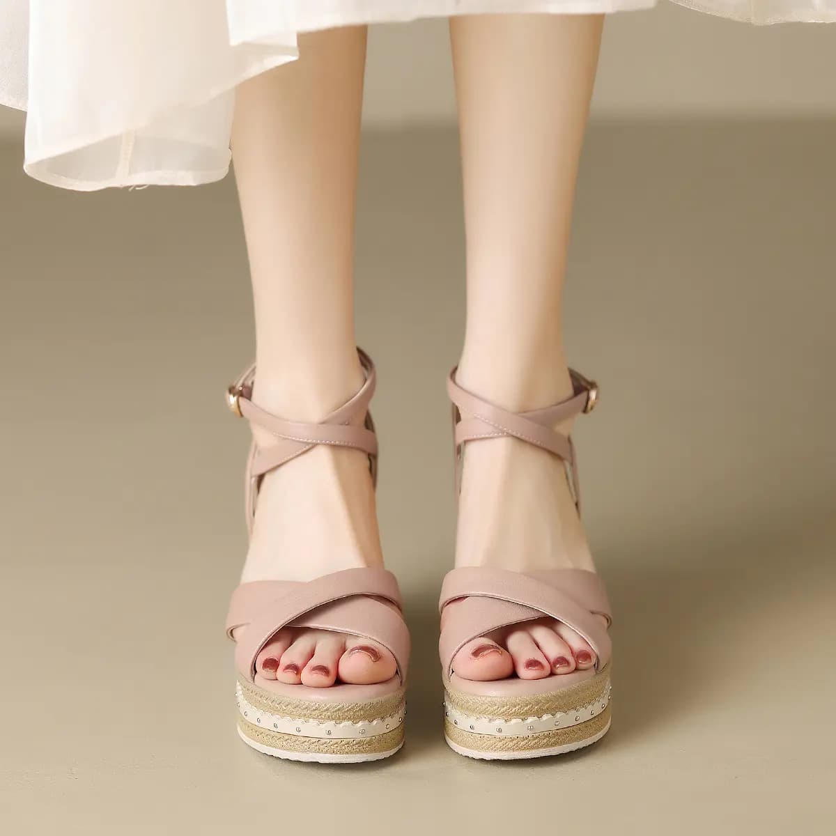 ZHR Zeze Top Layer Cowhide Gentle Fairy Style Unique Winding Design French Retro Woven Wedge Comfortable Versatile One-Strap Sandals 9.5cm Women's 12