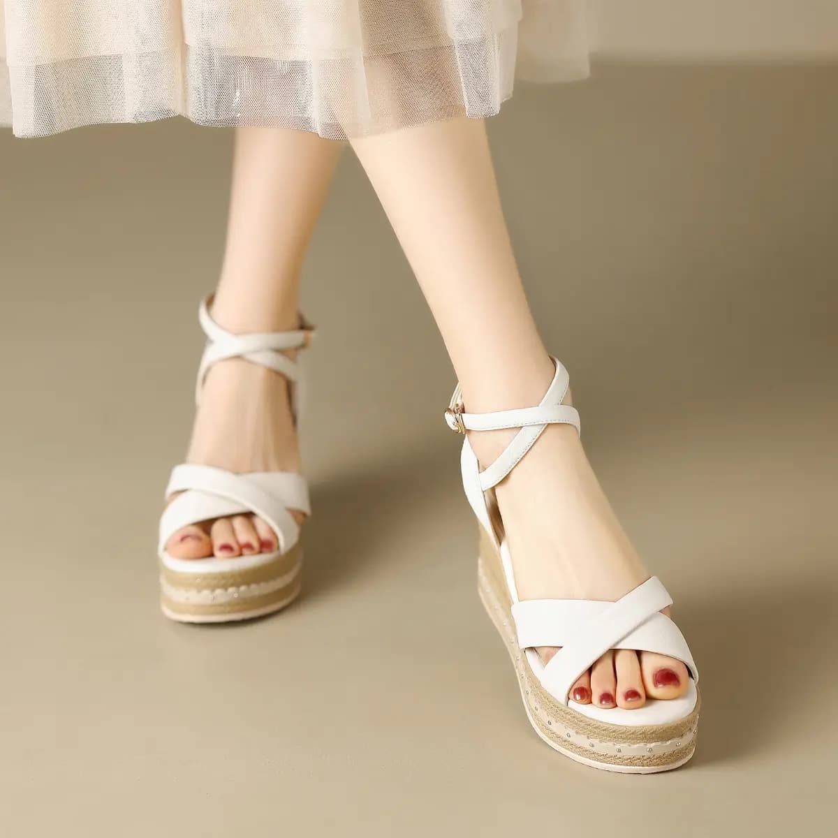 ZHR Zeze Top Layer Cowhide Gentle Fairy Style Unique Winding Design French Retro Woven Wedge Comfortable Versatile One-Strap Sandals 9.5cm Women's 4