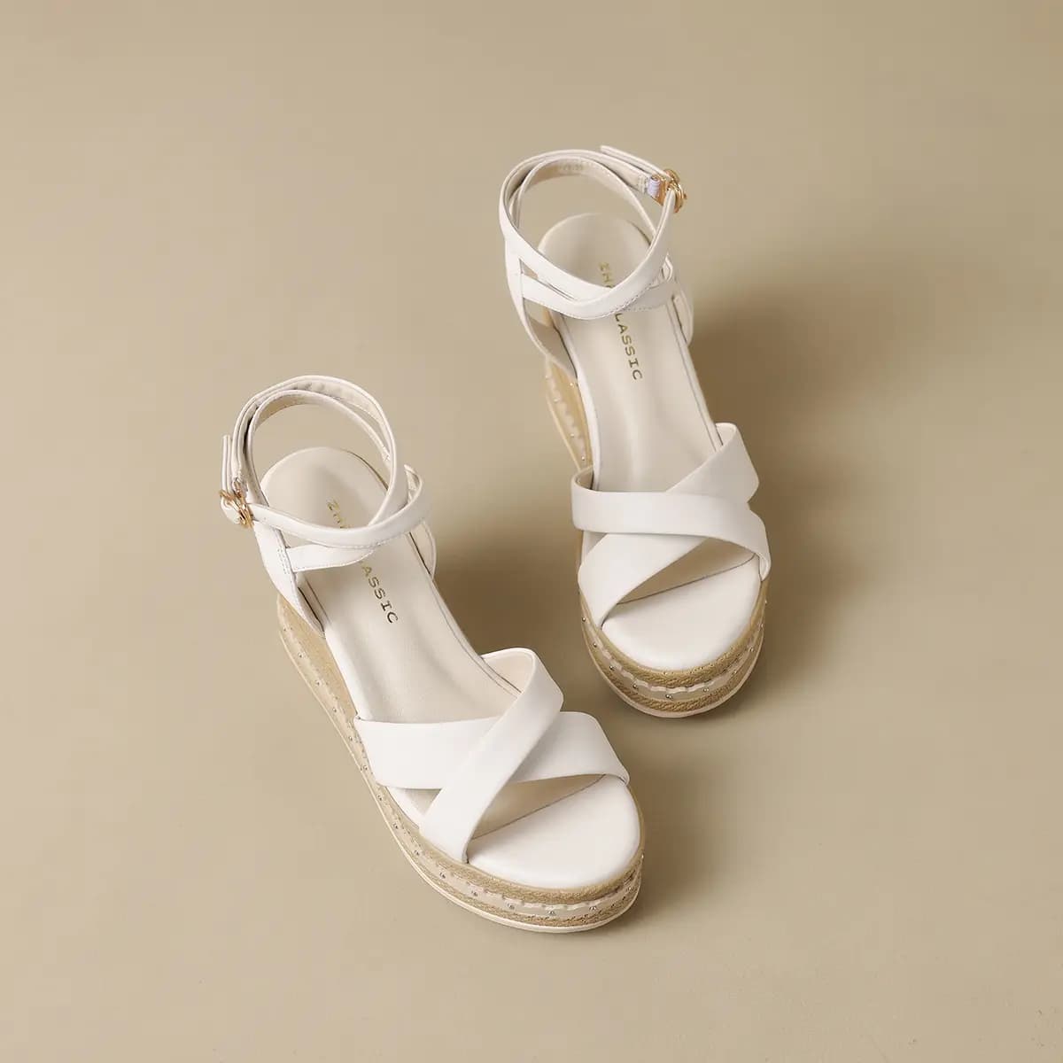 ZHR Zeze Top Layer Cowhide Gentle Fairy Style Unique Winding Design French Retro Woven Wedge Comfortable Versatile One-Strap Sandals 9.5cm Women's 8