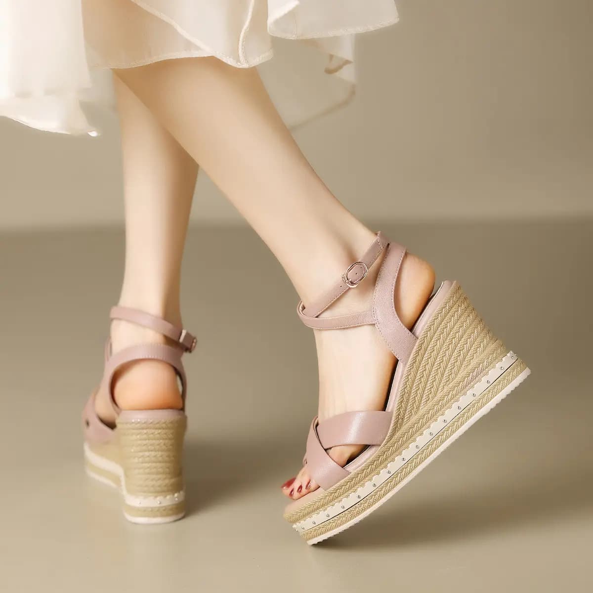 ZHR Zeze Top Layer Cowhide Gentle Fairy Style Unique Winding Design French Retro Woven Wedge Comfortable Versatile One-Strap Sandals 9.5cm Women's 13