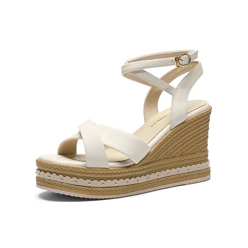 ZHR Zeze Top Layer Cowhide Gentle Fairy Style Unique Winding Design French Retro Woven Wedge Comfortable Versatile One-Strap Sandals 9.5cm Women's 2