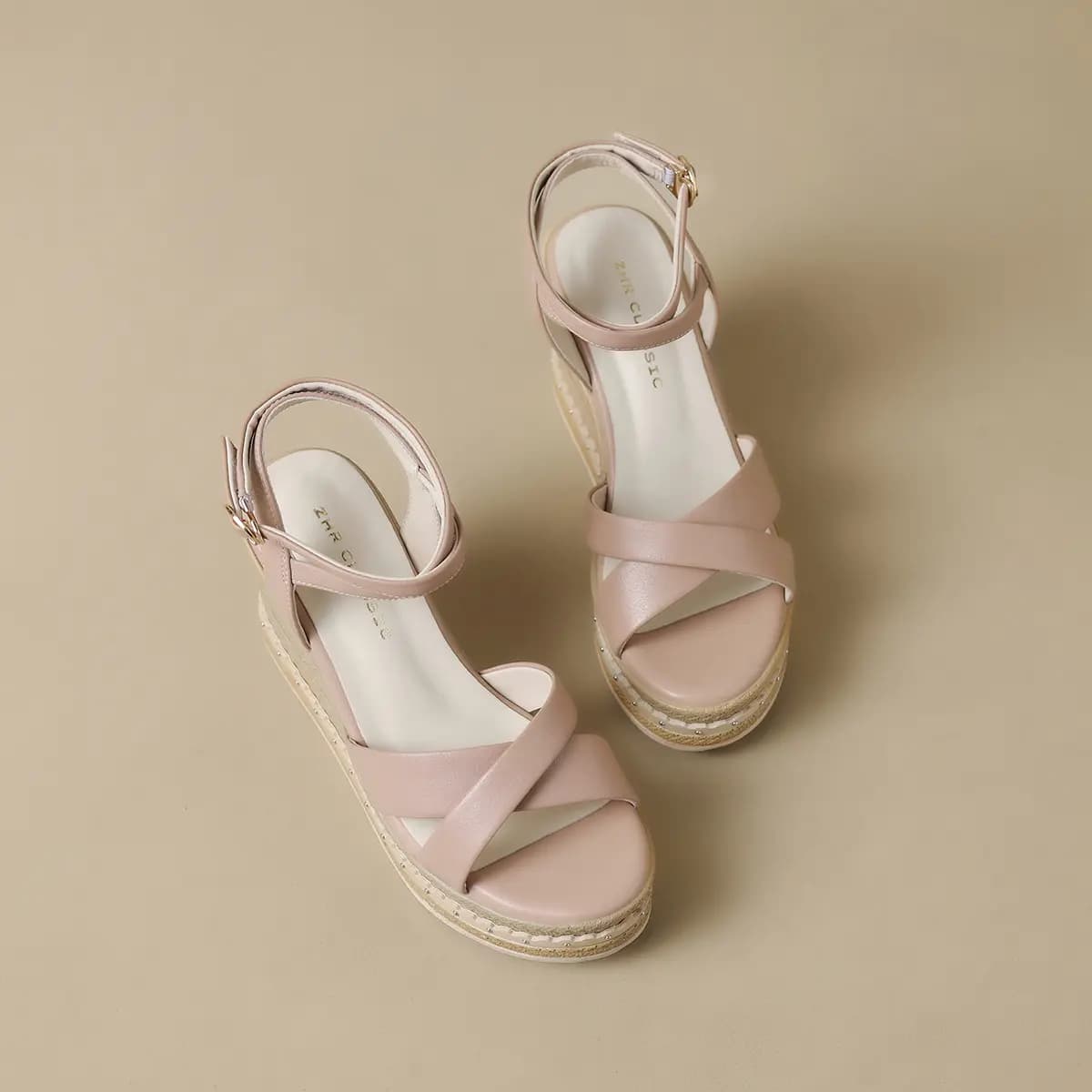 ZHR Zeze Top Layer Cowhide Gentle Fairy Style Unique Winding Design French Retro Woven Wedge Comfortable Versatile One-Strap Sandals 9.5cm Women's 16