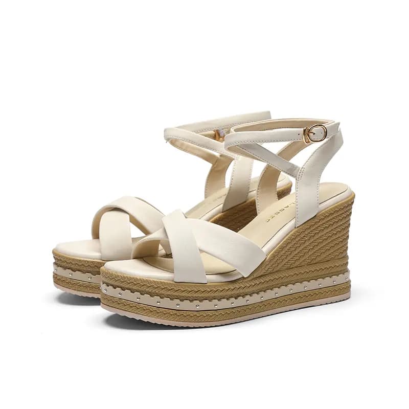 ZHR Zeze Top Layer Cowhide Gentle Fairy Style Unique Winding Design French Retro Woven Wedge Comfortable Versatile One-Strap Sandals 9.5cm Women's 3