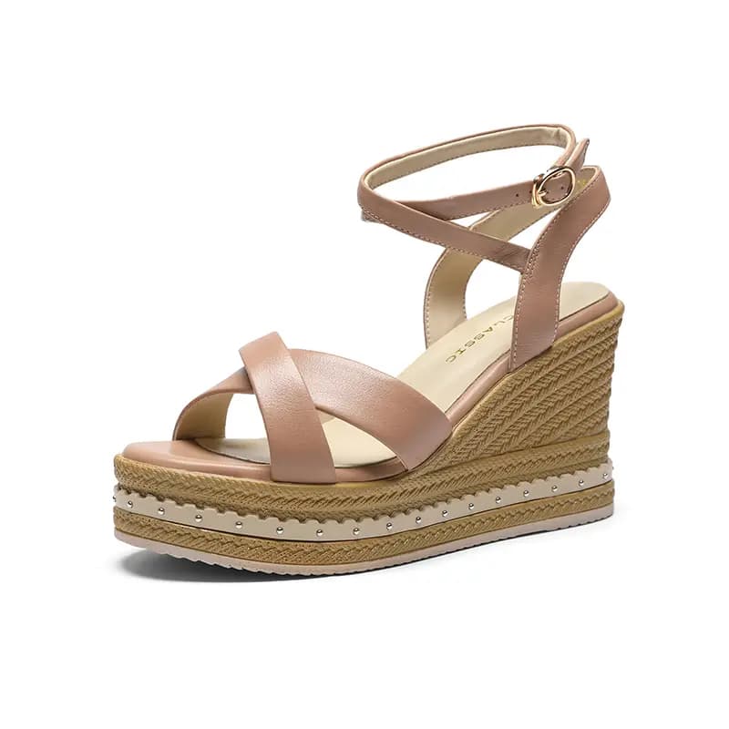 ZHR Zeze Top Layer Cowhide Gentle Fairy Style Unique Winding Design French Retro Woven Wedge Comfortable Versatile One-Strap Sandals 9.5cm Women's 10