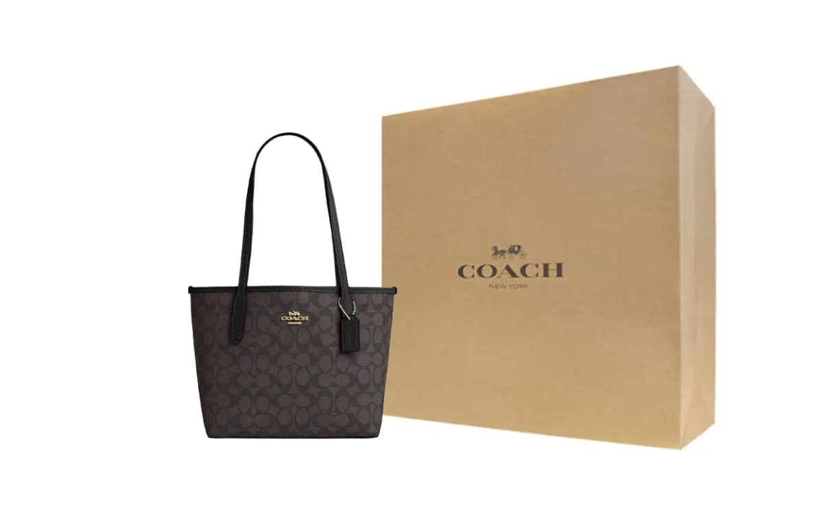 COACH City Coated Canvas With Leather Handbag Medium Women's Walnut & Black 6