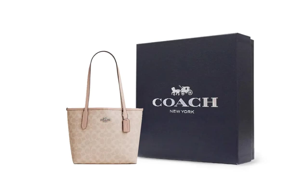 COACH City Coated Canvas With Leather Tote Bag, Shopping Bag, Shoulder Bag, Handbag Medium Size Women's Silver & Sand 5