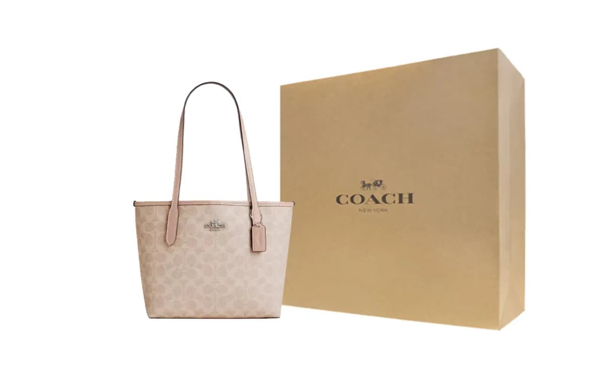 COACH City Coated Canvas With Leather Tote Bag, Shopping Bag, Shoulder Bag, Handbag Medium Size Women's Silver & Sand 6