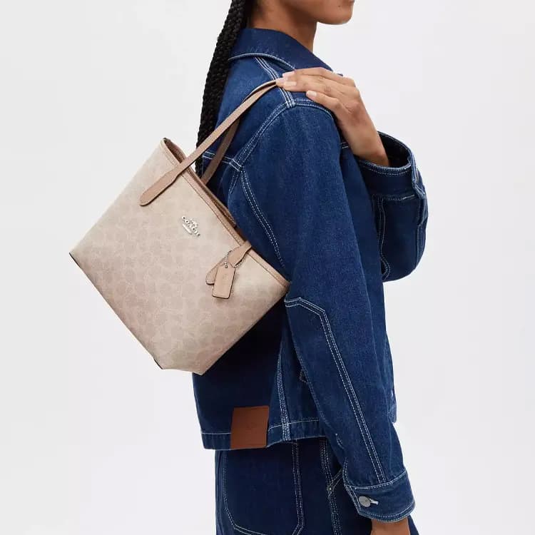 COACH City Coated Canvas With Leather Tote Bag, Shopping Bag, Shoulder Bag, Handbag Medium Size Women's Silver & Sand 4