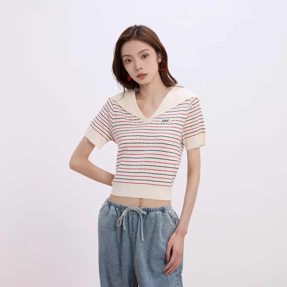 GAP Collar Letter Stripe Jacquard Pullover Short Sleeve Knit Top Women's 3