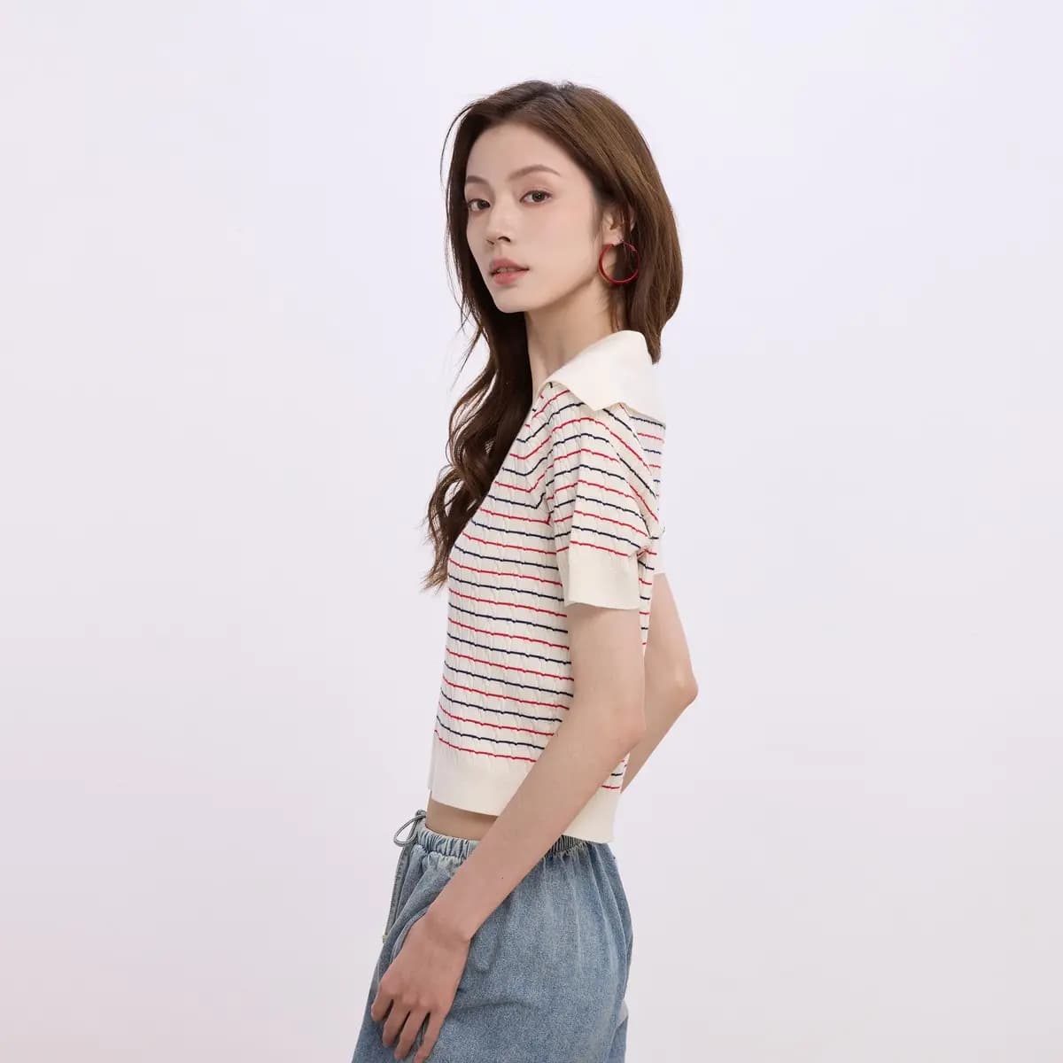 GAP Collar Letter Stripe Jacquard Pullover Short Sleeve Knit Top Women's 6