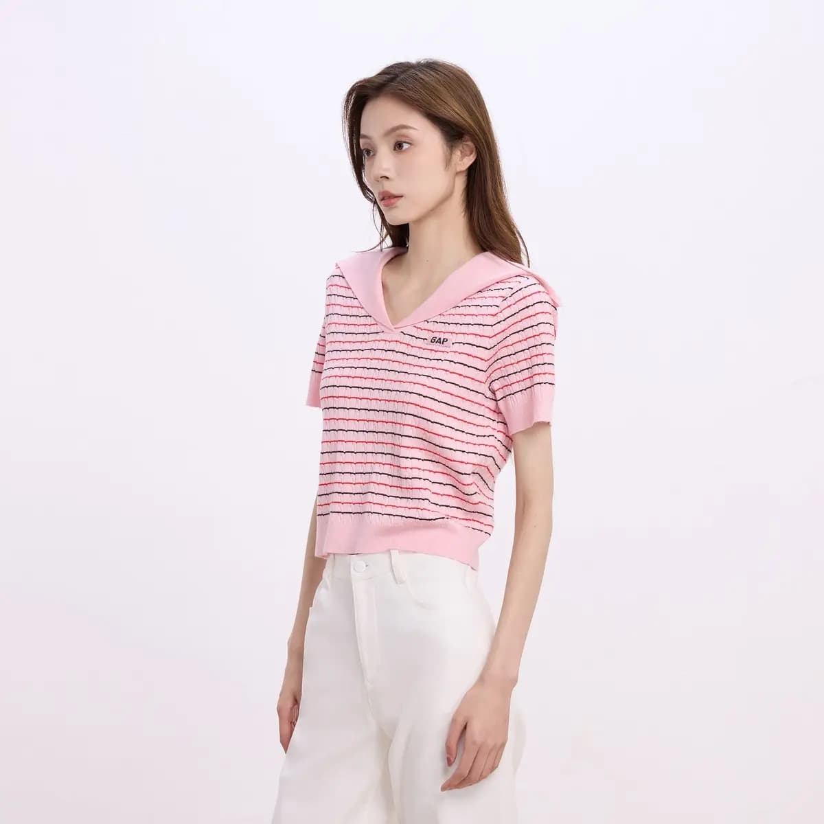 GAP Collar Letter Stripe Jacquard Pullover Short Sleeve Knit Top Women's 12