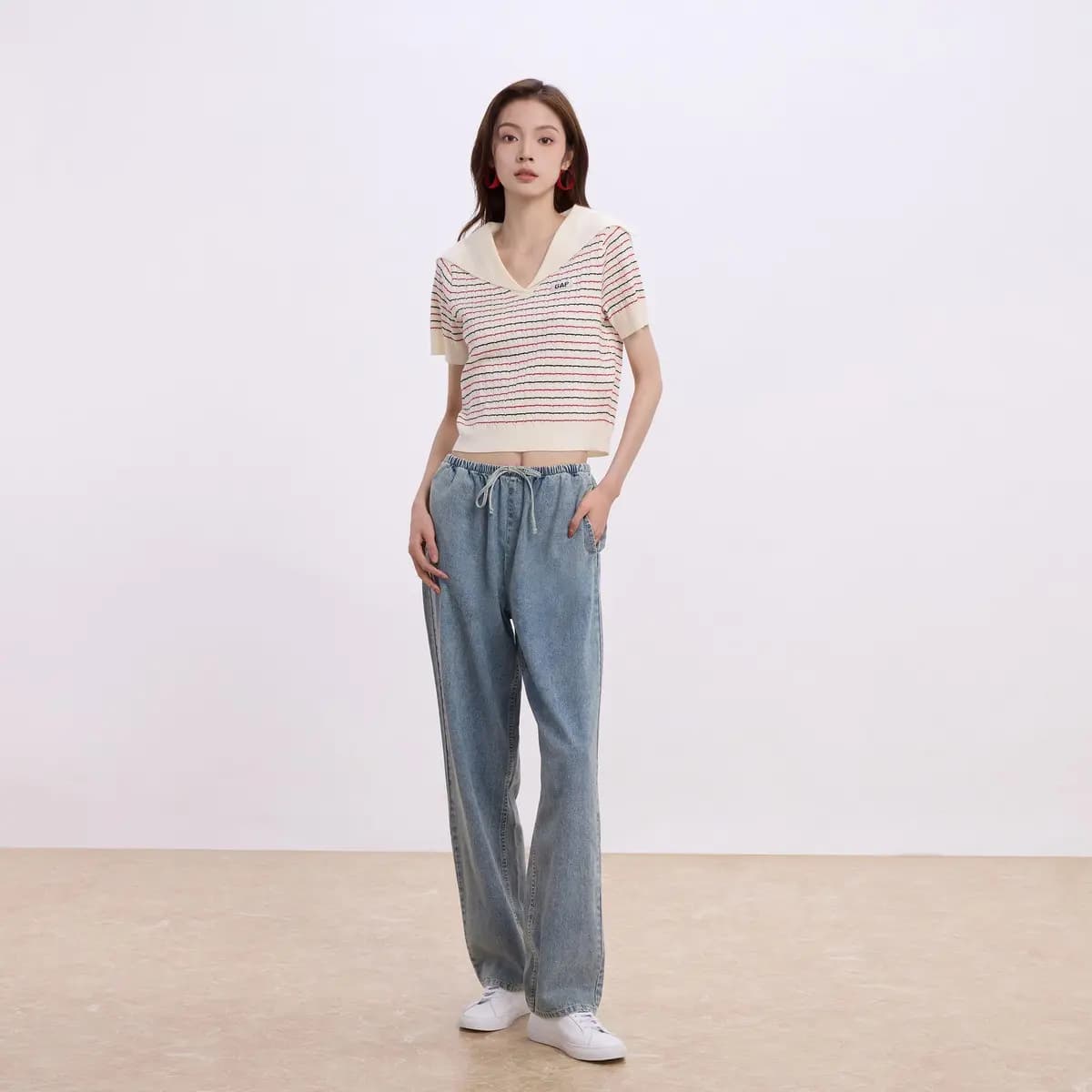 GAP Collar Letter Stripe Jacquard Pullover Short Sleeve Knit Top Women's 4