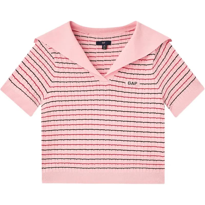 GAP Collar Letter Stripe Jacquard Pullover Short Sleeve Knit Top Women's 7