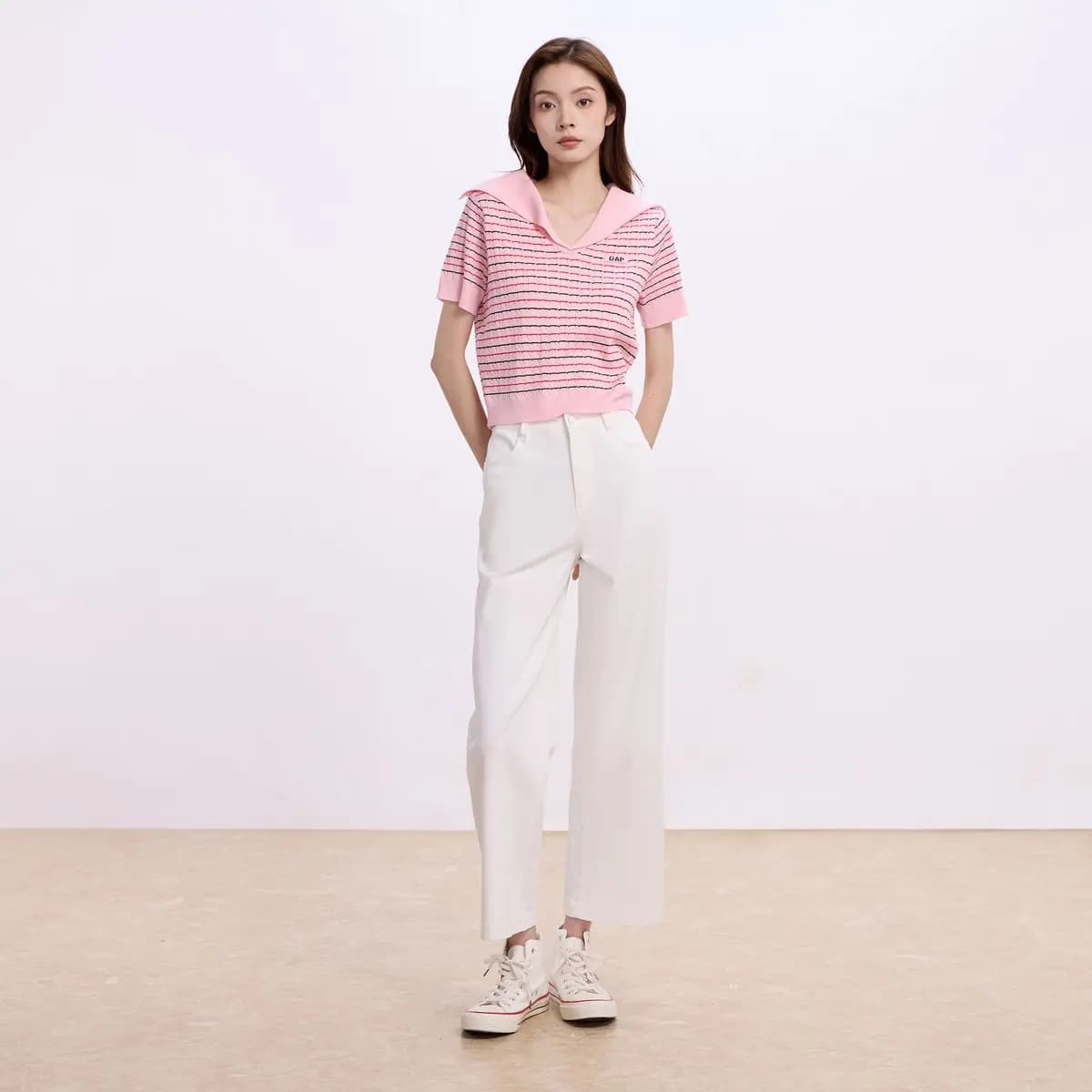 GAP Collar Letter Stripe Jacquard Pullover Short Sleeve Knit Top Women's 10