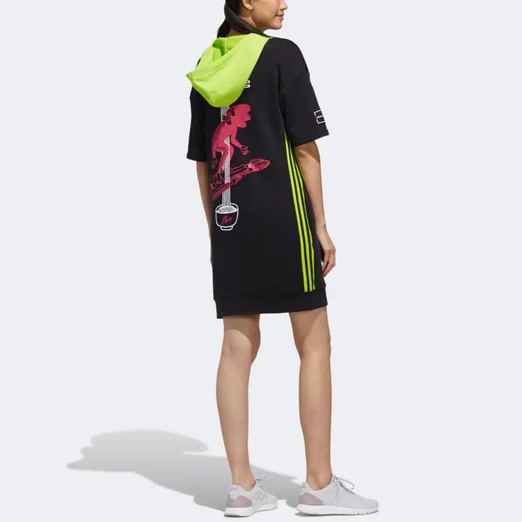 adidas neo W Radio W Dress Print Colorblock Hooded Sport Short Sleeve Dress Women's Black 4