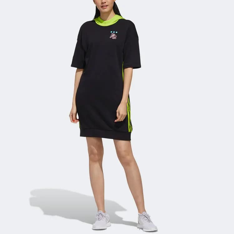 adidas neo W Radio W Dress Print Colorblock Hooded Sport Short Sleeve Dress Women's Black 3