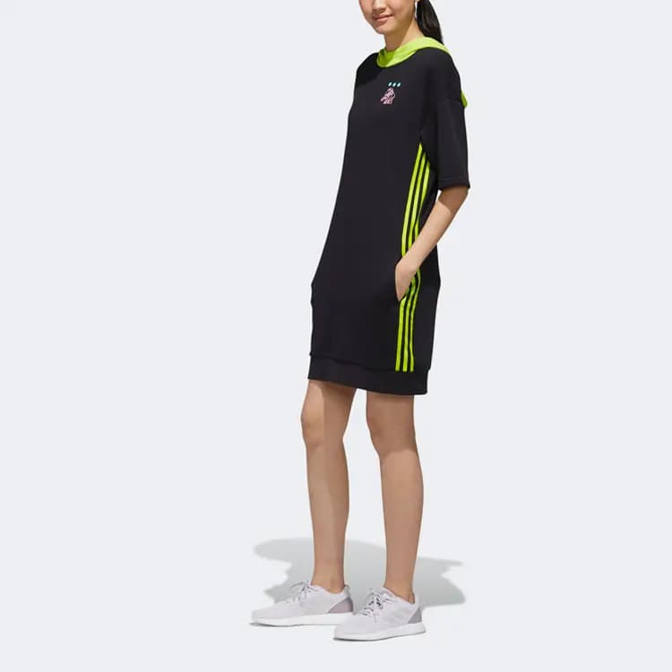 adidas neo W Radio W Dress Print Colorblock Hooded Sport Short Sleeve Dress Women's Black 5