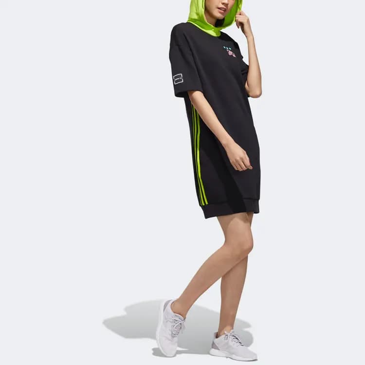 adidas neo W Radio W Dress Print Colorblock Hooded Sport Short Sleeve Dress Women's Black 6