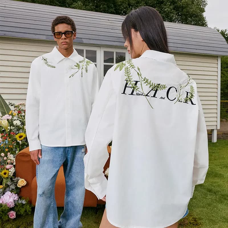 HARSH AND CRUEL Unisex White New Chinese Style Notch Collar Ivy Floral Embroidery Long Sleeve Shirt 4