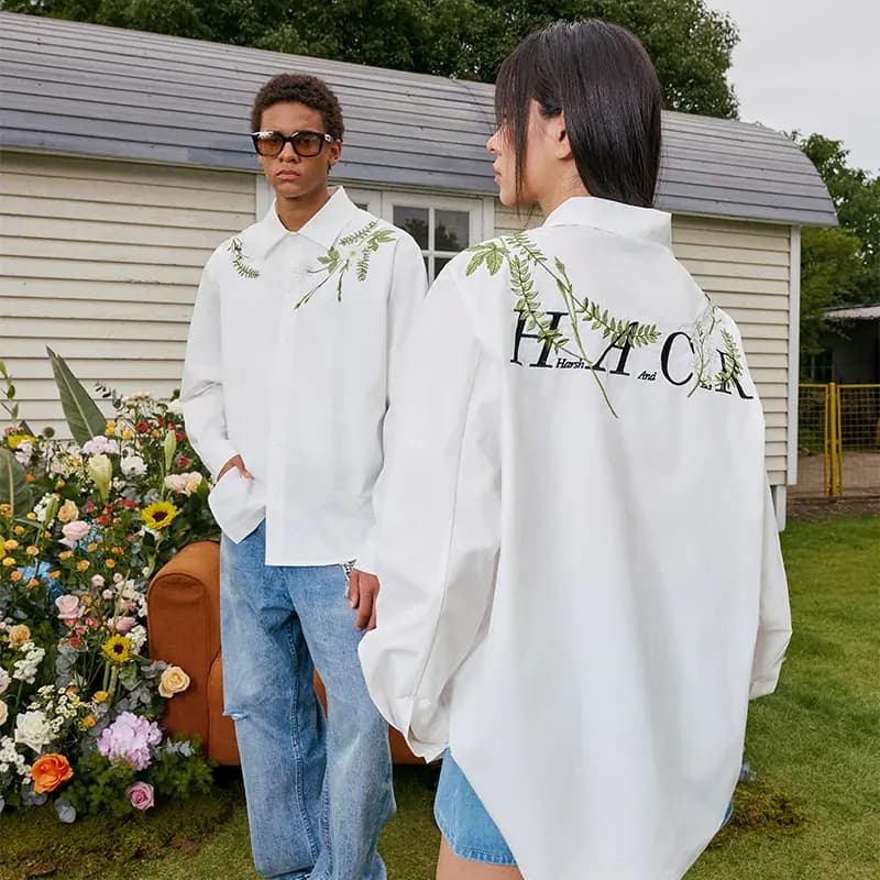HARSH AND CRUEL Unisex White New Chinese Style Notch Collar Ivy Floral Embroidery Long Sleeve Shirt 5
