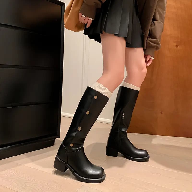 PWPJ Calfskin Round Toe Solid High Boots Women's 9
