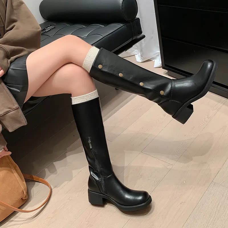 PWPJ Calfskin Round Toe Solid High Boots Women's 10