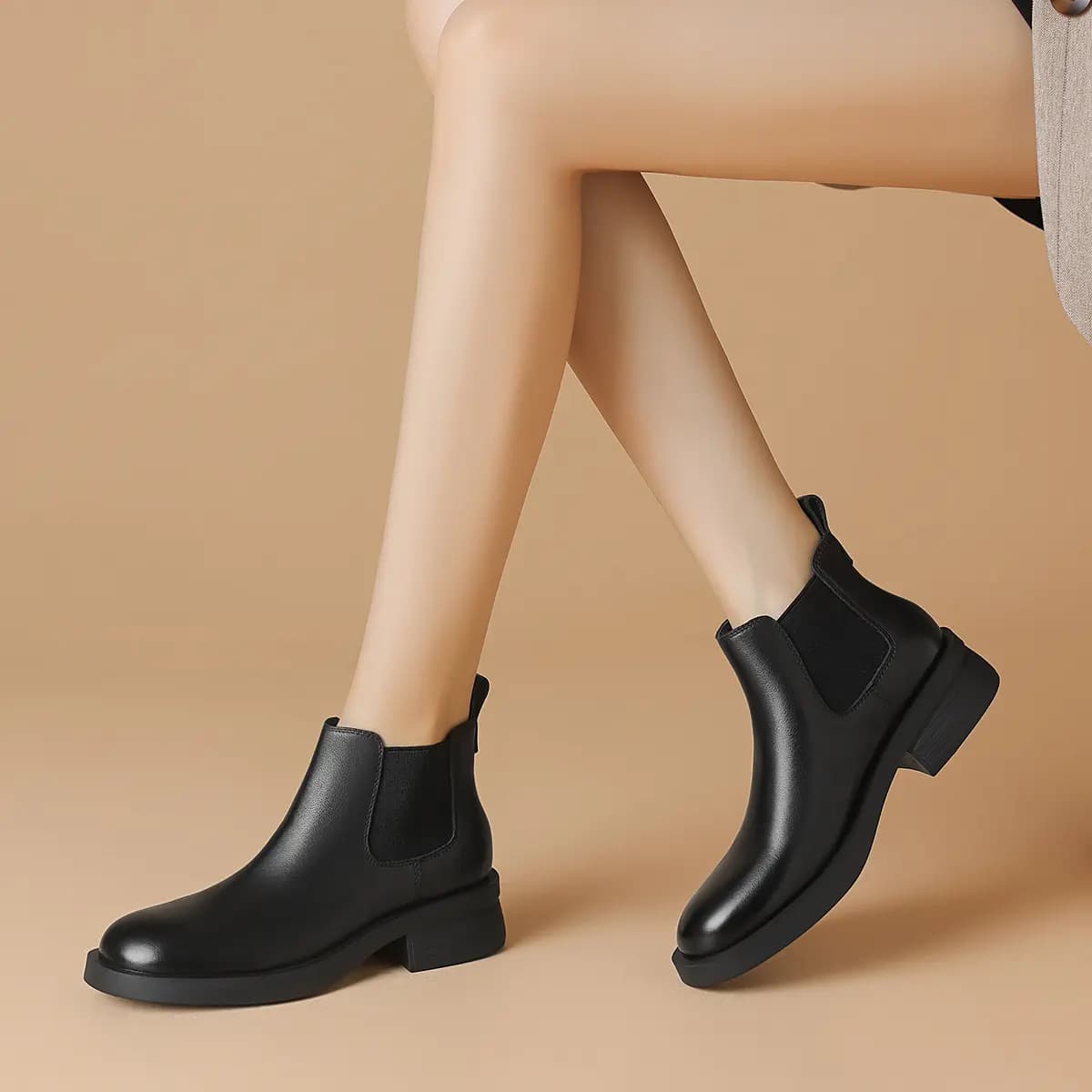 BORDICH Top Layer Leather Fashionable Versatile Casual Chunky Heel Chelsea Boots Women's 5