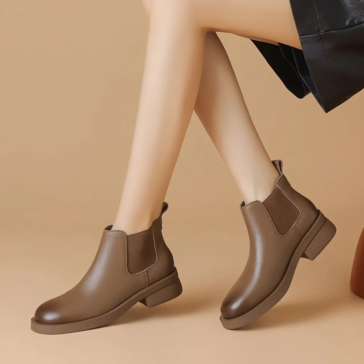 BORDICH Top Layer Leather Fashionable Versatile Casual Chunky Heel Chelsea Boots Women's 12