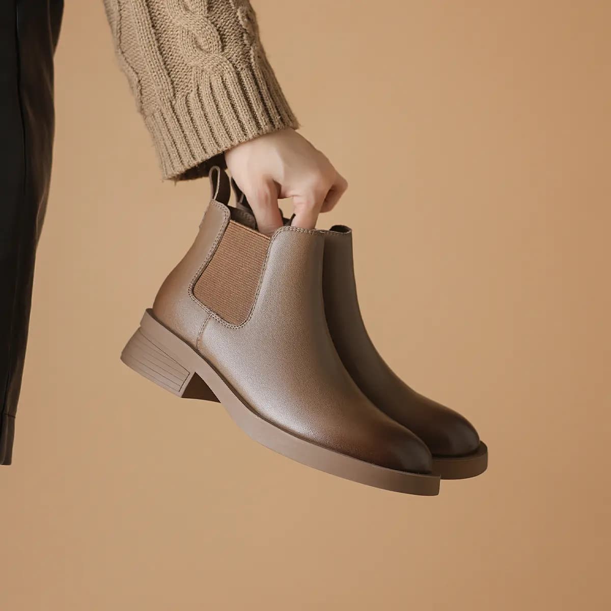 BORDICH Top Layer Leather Fashionable Versatile Casual Chunky Heel Chelsea Boots Women's 14