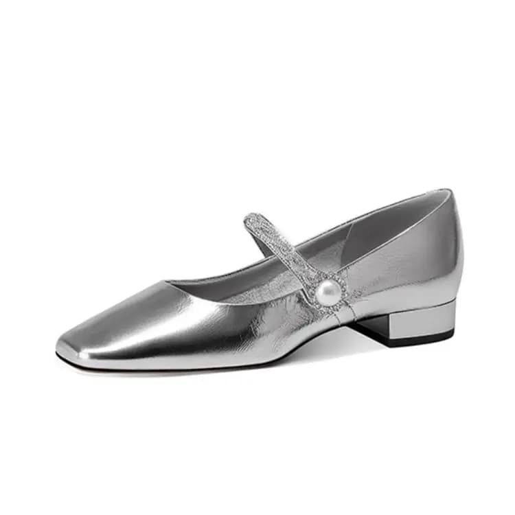 JESSICA SOPHIA Chunky Heel Mary Jane Shoes 2cm Women's Silver