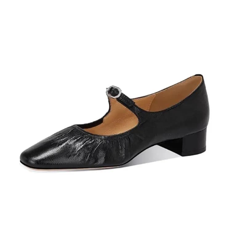 JESSICA SOPHIA Women's Sheepskin Simple Comfortable Block Heel Mary Jane Shoes