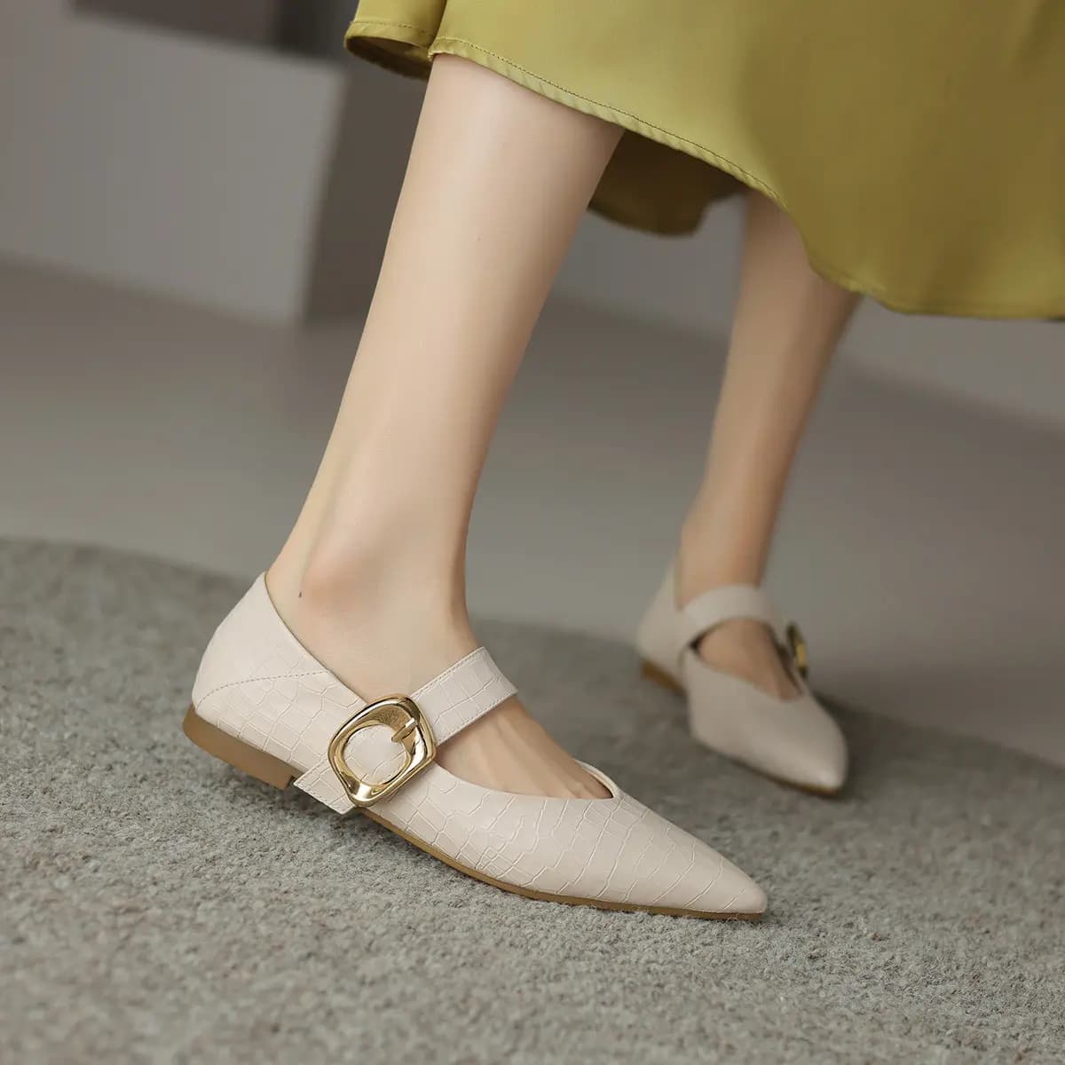 Mulinsen Cow Leather Elegant Temperament Artistic Comfort Mary Jane Shoes Women's Beige 6